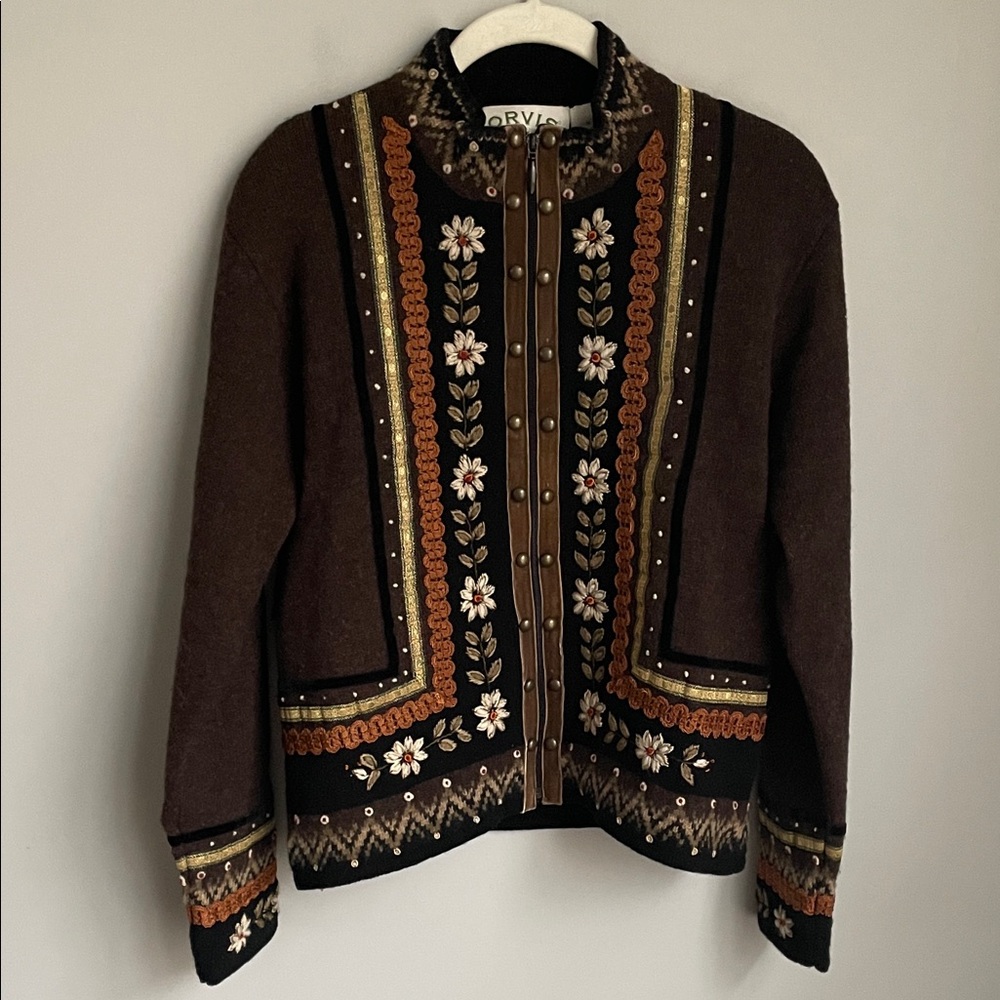 Orvis Scandinavian Embellished Brown Wool Full Zip Sweater Jacket Size Small